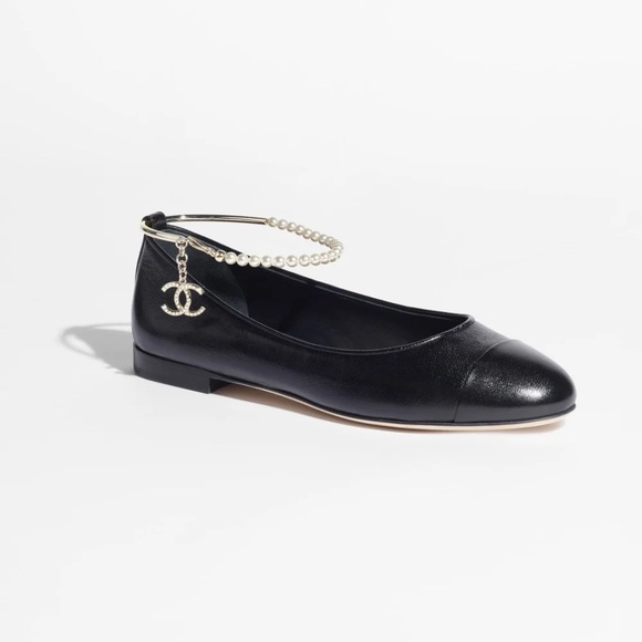 CHANEL Shoes - CHANEL Lambskin Patent Calfskin Cap Toe Ankle Chain Ballerina Flats in Black